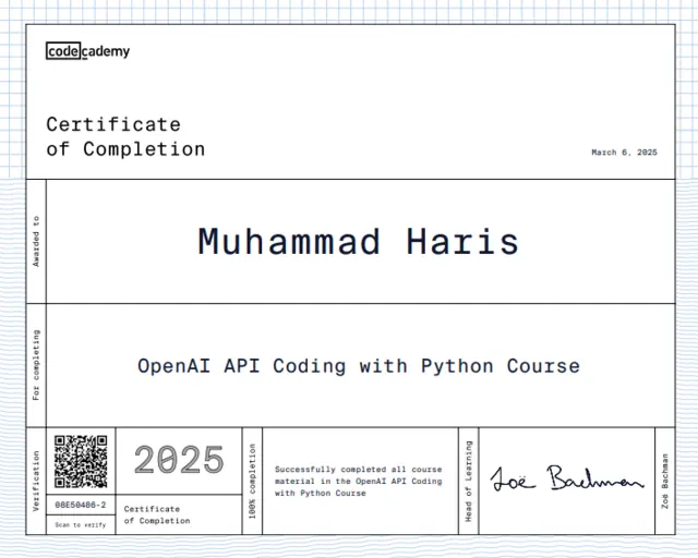 OpenAI API Coding with Python certificate — Codecademy — Muhammad Haris