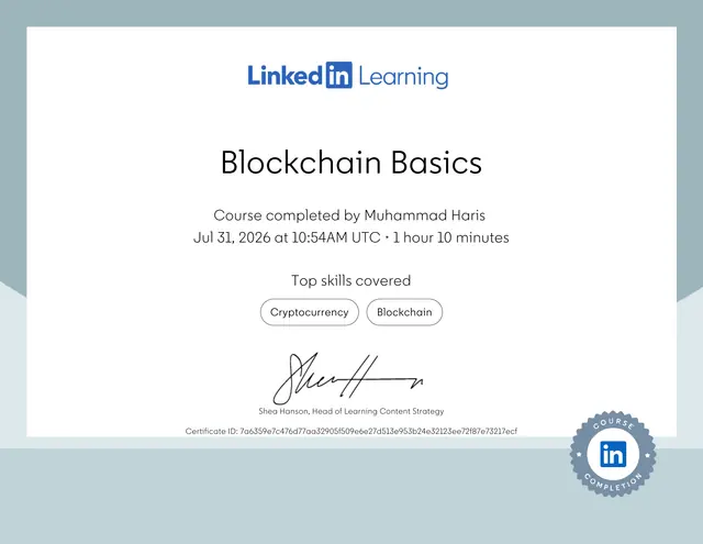 Blockchain Basics certificate — LinkedIn Learning — Muhammad Haris